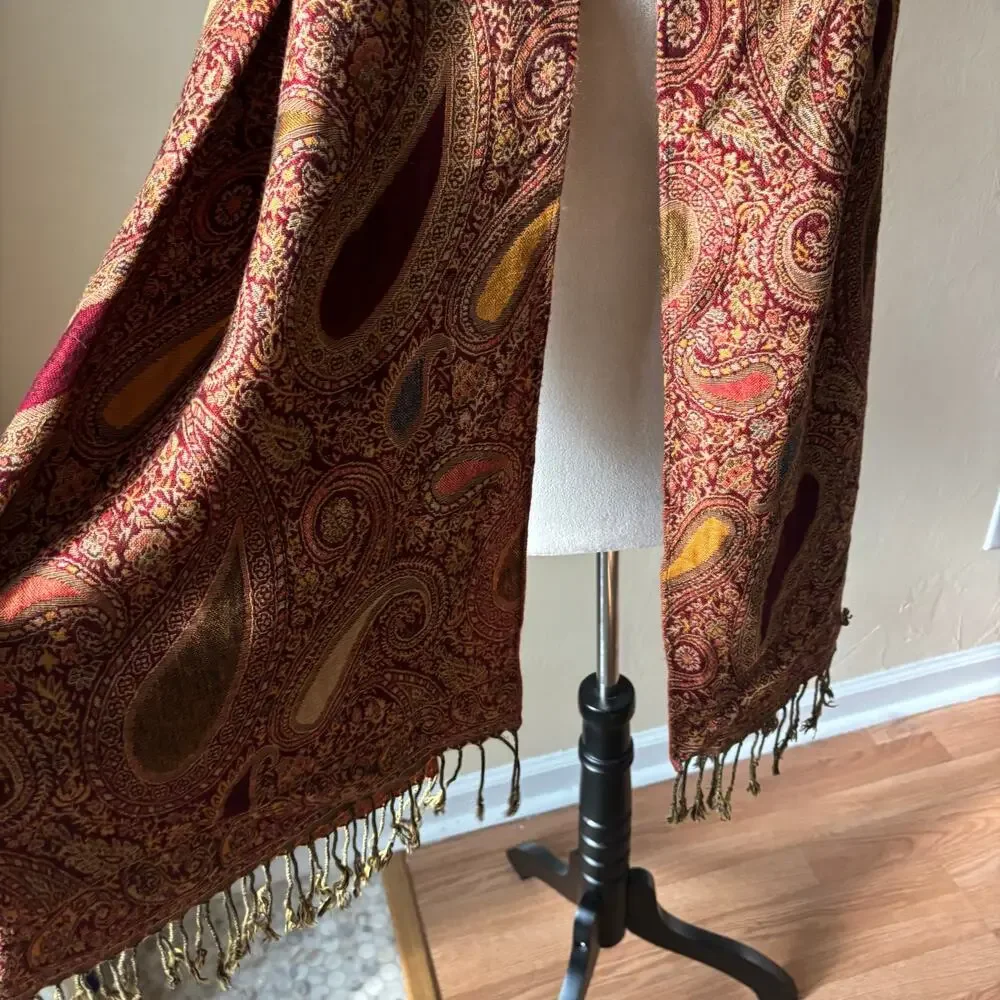 Vintage Paisley Shawl Scarf Burgundy Gold Boho Lagenlook Fringed Wrap
